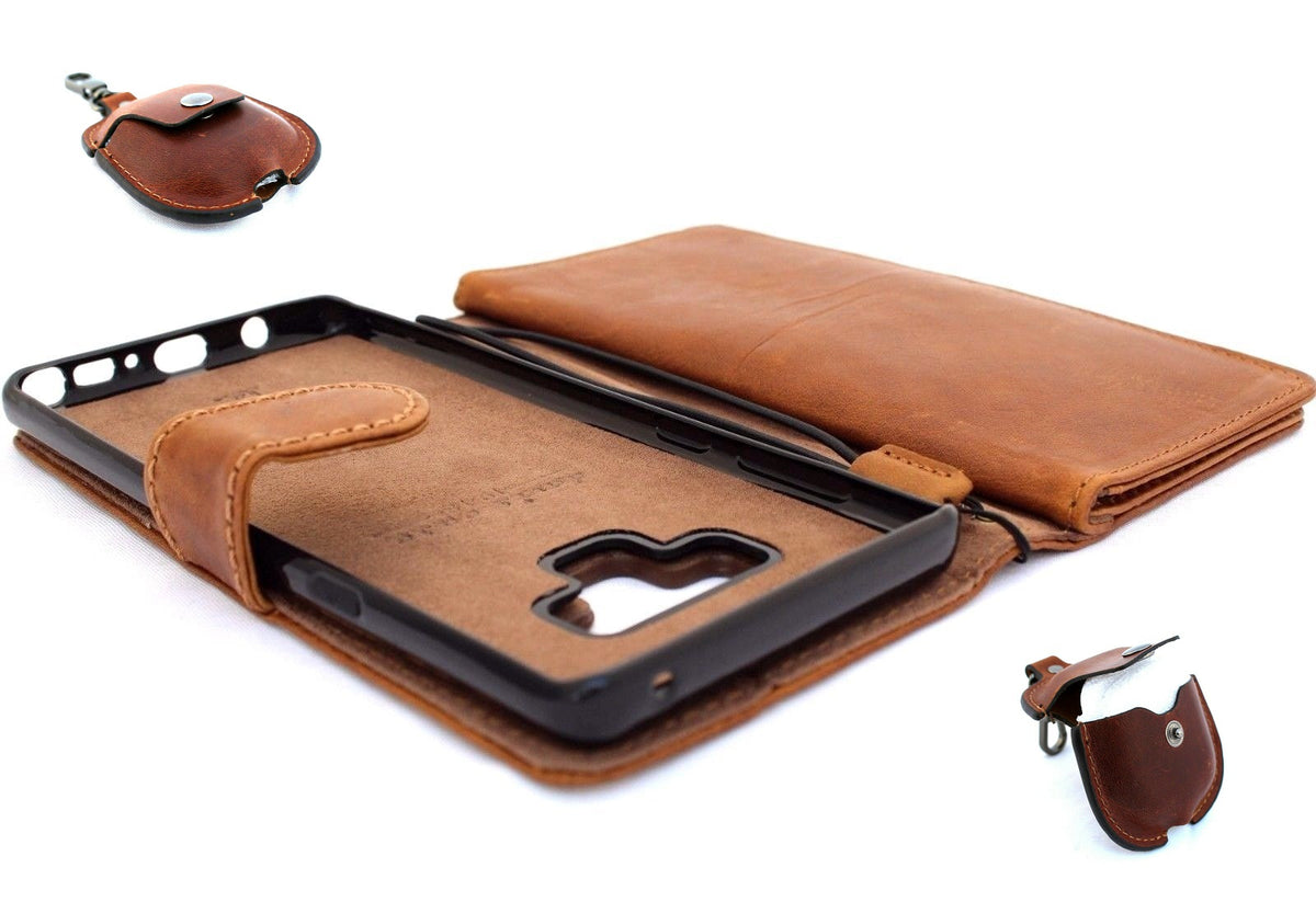 Genuine full leather Samsung Galaxy Note 9 wallet case with card slots, magnetic holder, vintage style, and AirPods 2.