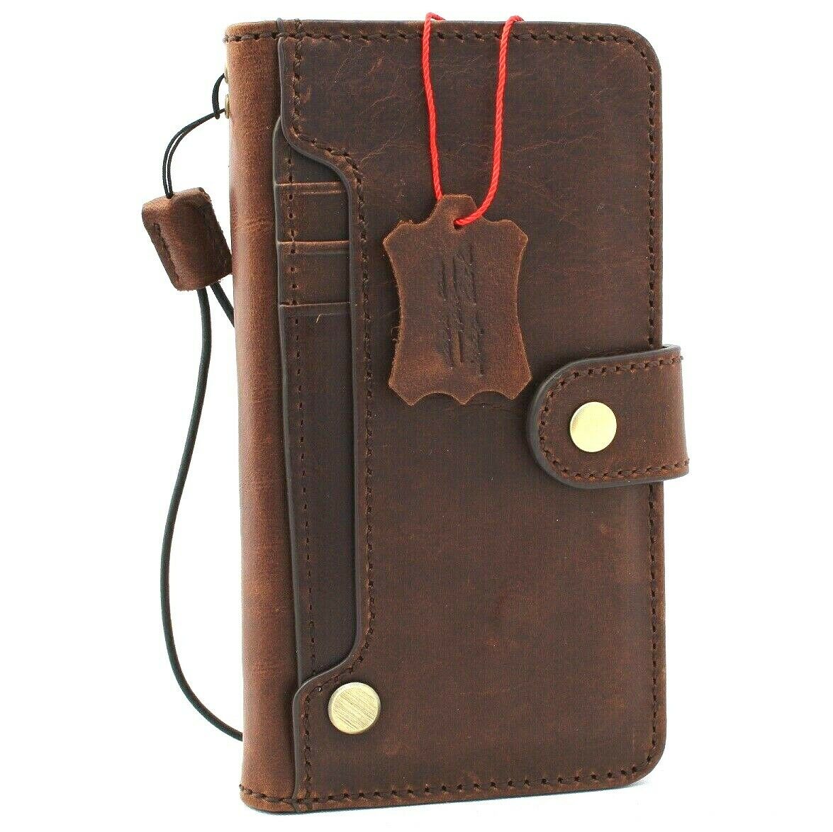Handmade dark brown Italian leather Samsung Galaxy S20 case with wallet design and rubber holder, featuring wireless charging compatibility.