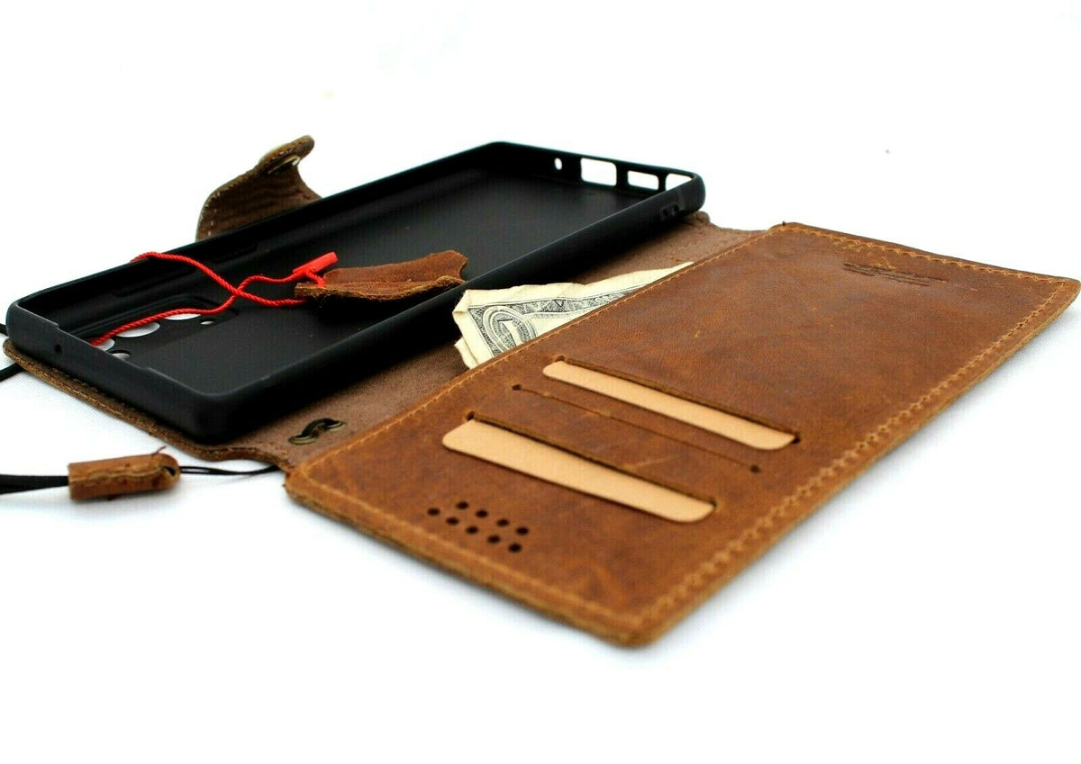 Genuine tan leather Samsung Galaxy S20 FE book-style wallet case by DAVISCASE with card slots and vintage slim design.
