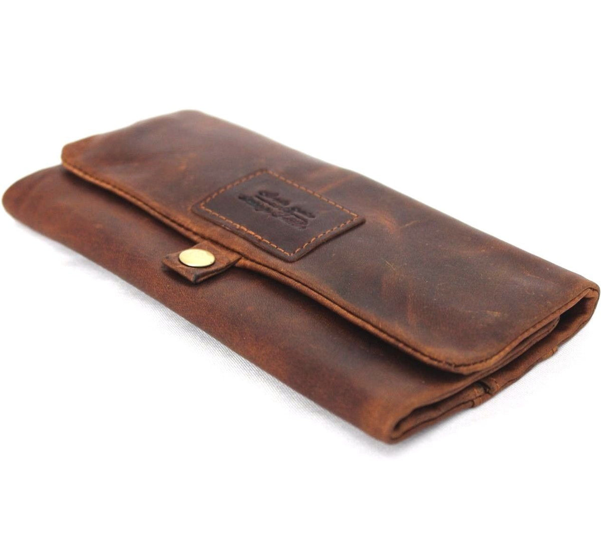Brown genuine leather men's wallet and tobacco pouch case with hookah cigarette holder by DAVISCASE, featuring a retro design.