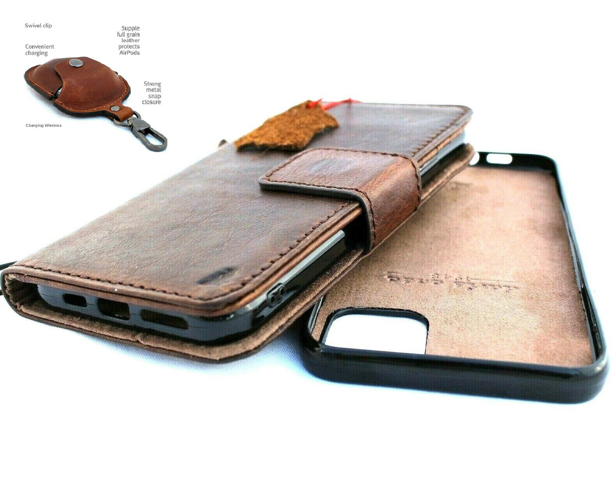 Genuine leather iPhone 11 Pro case by DAVISCASE with wallet design, credit card slots, removable holder, and AirPods 2.