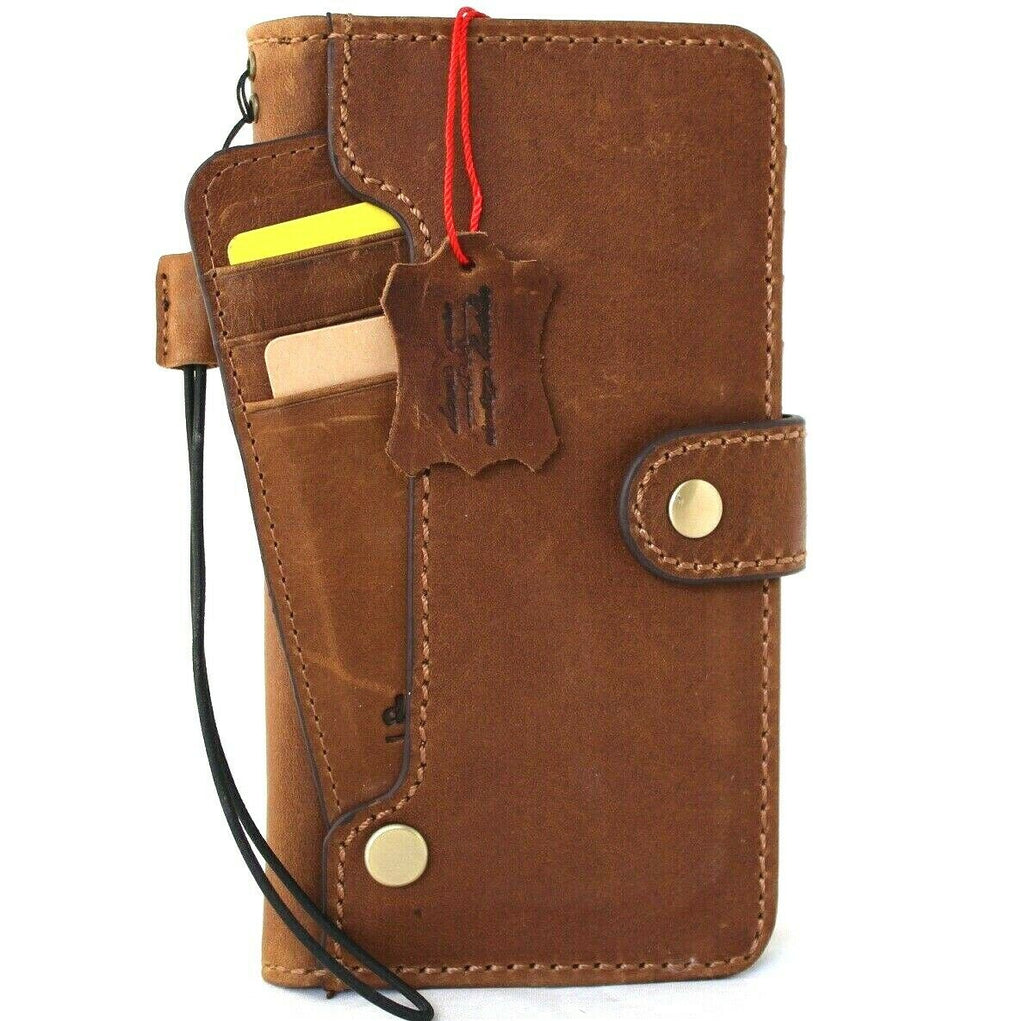 Genuine soft tan leather iPhone 12 Pro Max case with vintage book wallet design, ID window, credit card slots, by DAVISCASE