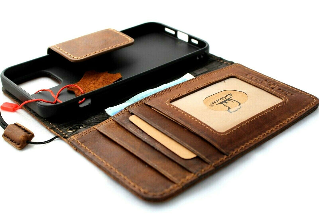 Genuine tan leather iPhone 12 Pro wallet case by DAVISCASE with ID window, card slots, vintage style, soft slim design