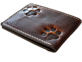 Men's brown genuine leather wallet by DAVISCASE with credit card slots, bill compartment, and dog paw and cat beer embroidery.