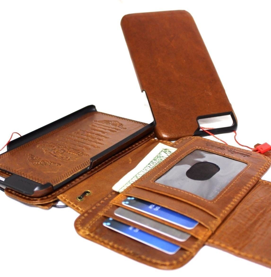 Brown genuine leather iPhone 8 Plus wallet case with card slots, slim vintage style, detachable design by DAVISCASE.