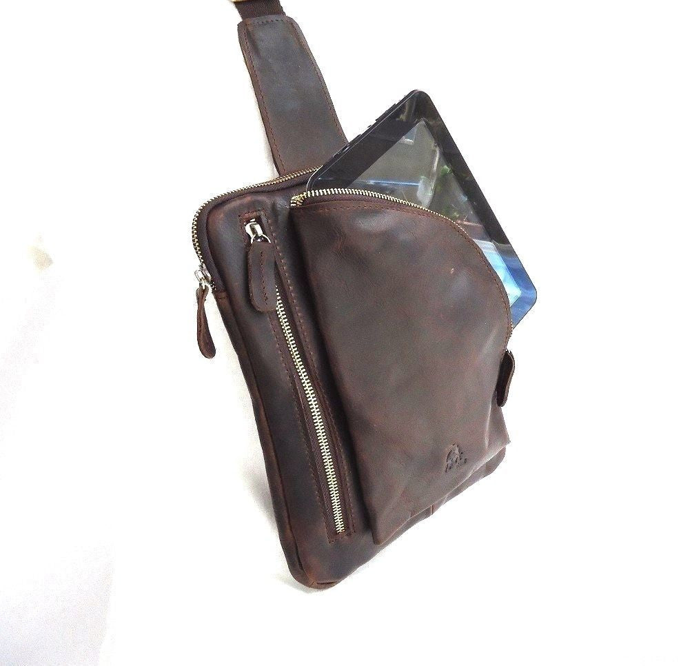 Brown genuine leather messenger bag for men, designed for iPad and notebooks, with crossbody strap from DAVISCASE.