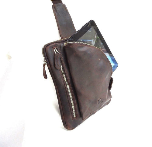 Brown genuine leather messenger bag for men, designed for iPad and notebooks, with crossbody strap from DAVISCASE.