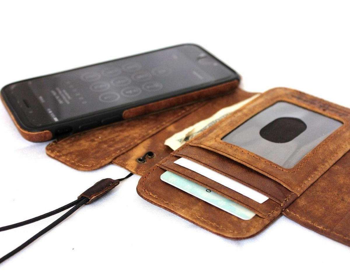 DavisCase genuine full leather iPhone SE 2 2020 wallet case with card slots, magnetic closure, and detachable cover in classic art style.