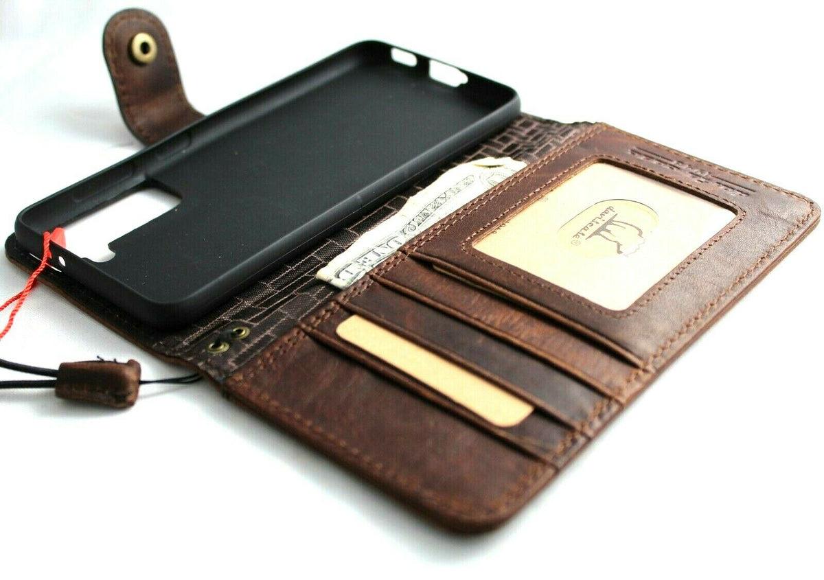 Dark brown genuine Italian leather Samsung Galaxy S21 wallet case with handmade design and rubber holder, compatible with wireless charging.
