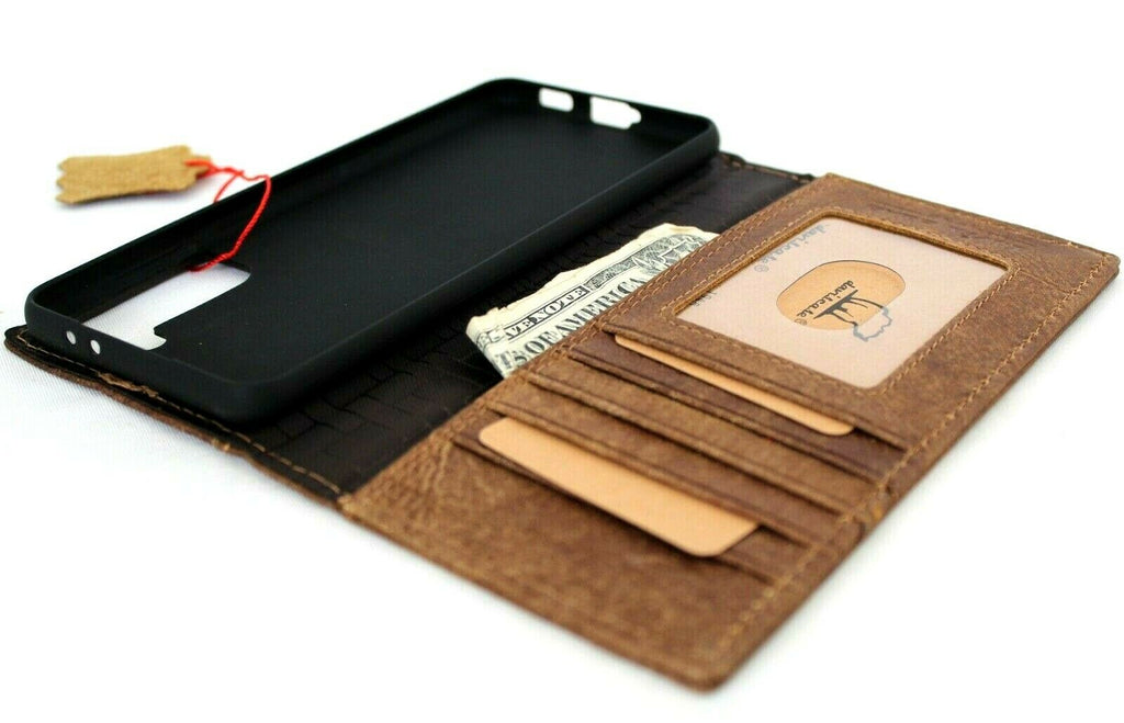 Genuine leather Bible tan book wallet case for Samsung Galaxy S22 Plus 5G by DAVISCASE with card slots and wireless charging holder.