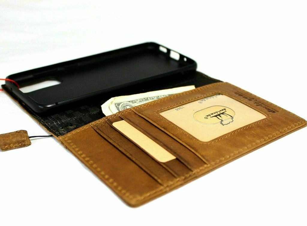 Genuine leather Bible tan book wallet case for Samsung Galaxy S20 by DAVISCASE with card slots and wireless charging holder.