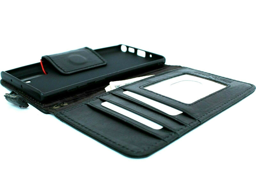 Black genuine leather Samsung Galaxy Note 10 wallet case with magnetic strap, window view, handmade design, wireless charging compatible.