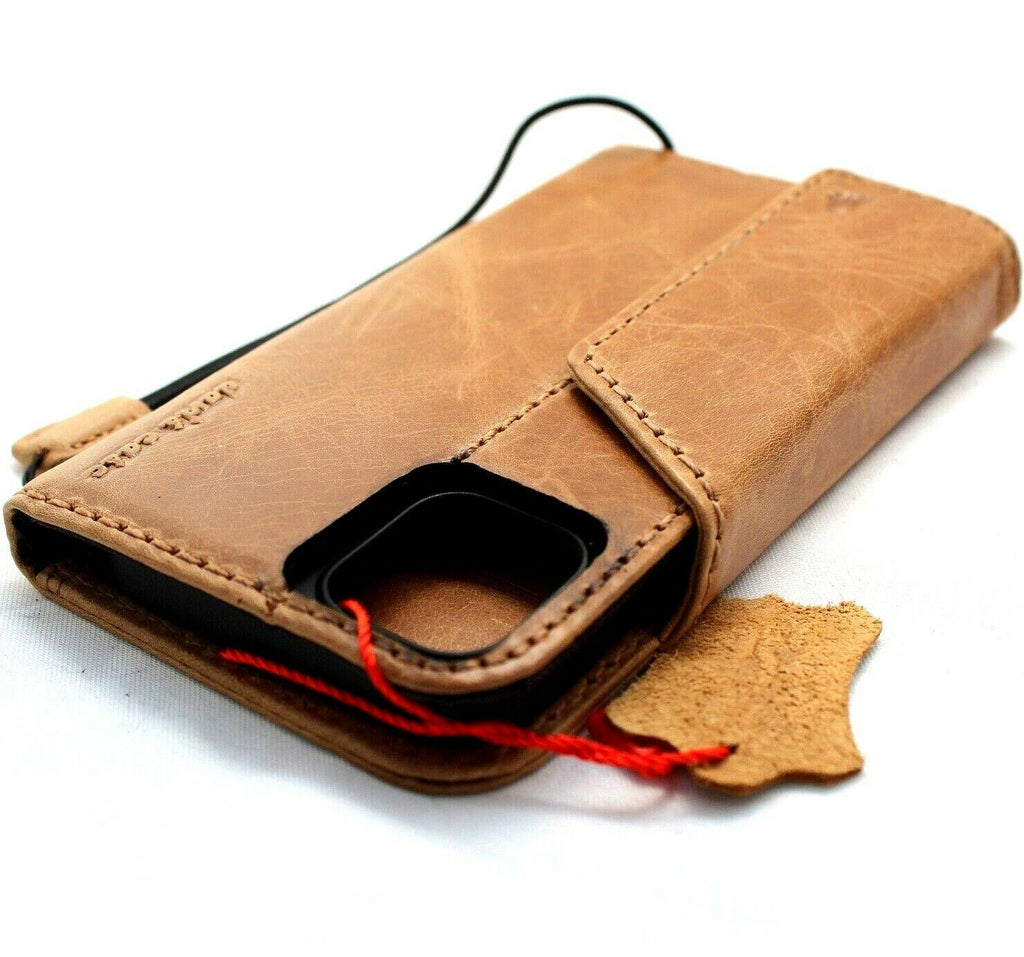 Genuine full tan leather book wallet case for iPhone 12 mini by DAVISCASE, featuring vintage style, credit card slots, soft closure.