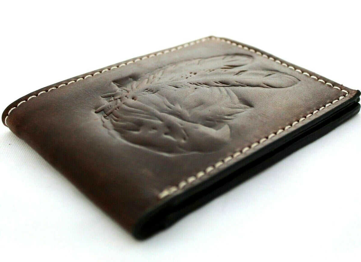 Men's genuine leather wallet by DAVISCASE with carved eagle motif, vintage design, holds credit cards and cash.