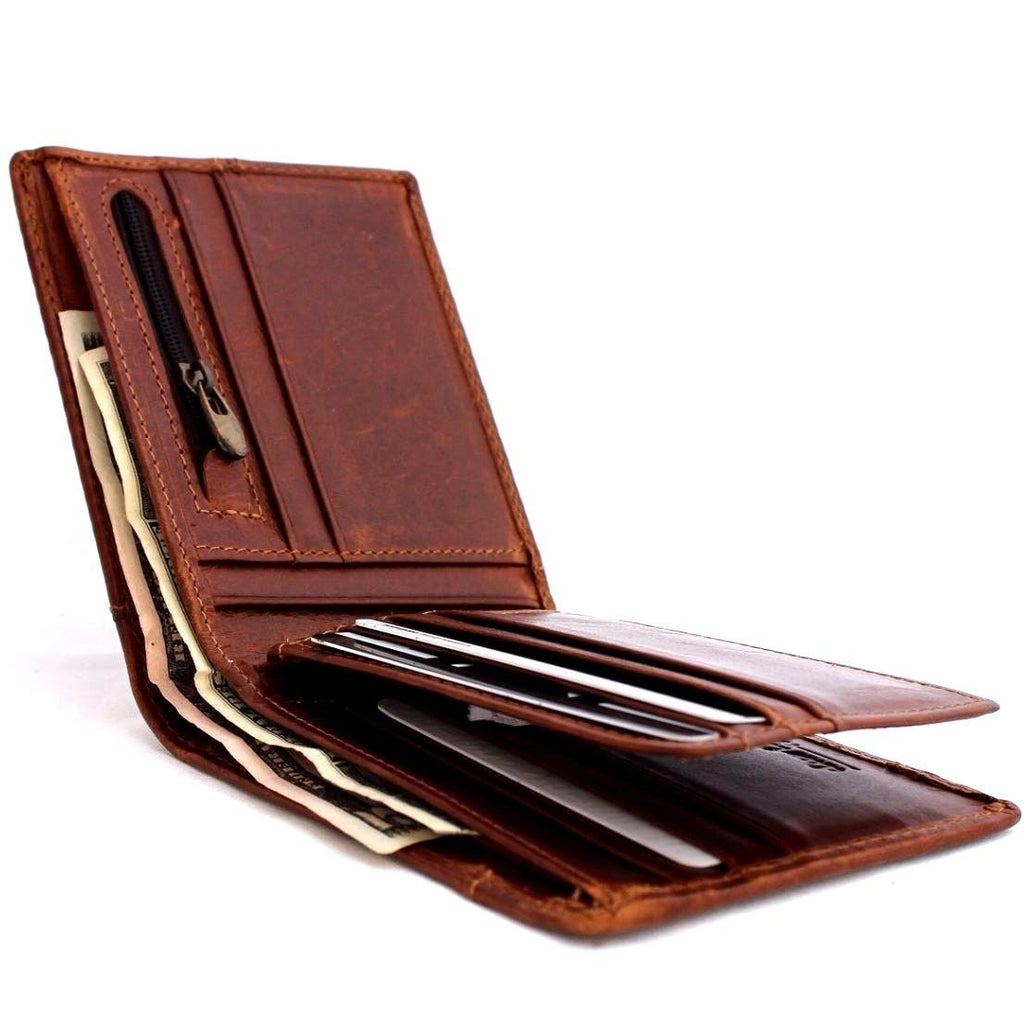 Men's full leather wallet by DAVISCASE with 8 credit card slots, ID window, and 2 bill sections in tan leather.