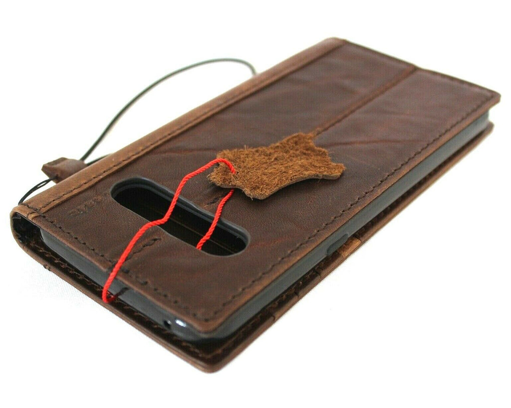 Genuine dark brown leather LG V60 book wallet case with card slots, vintage style, handmade by DavisCase.