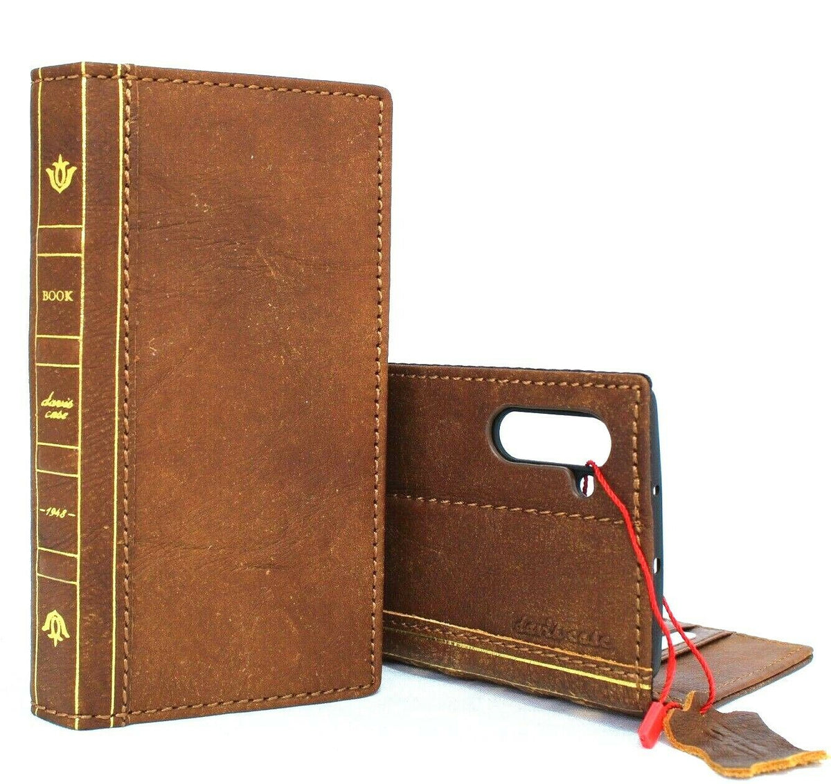 Genuine leather Samsung Galaxy Note 10 wallet case with card slots, vintage style, soft texture, slim design, and wireless charging compatibility.