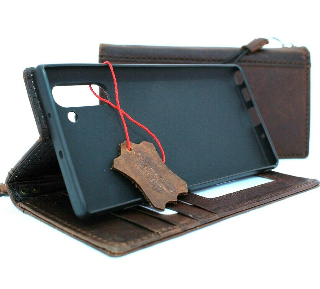 Genuine full leather case for Samsung Galaxy Note 10 with card slots, stand function, rubber holder, window, and wireless charging support