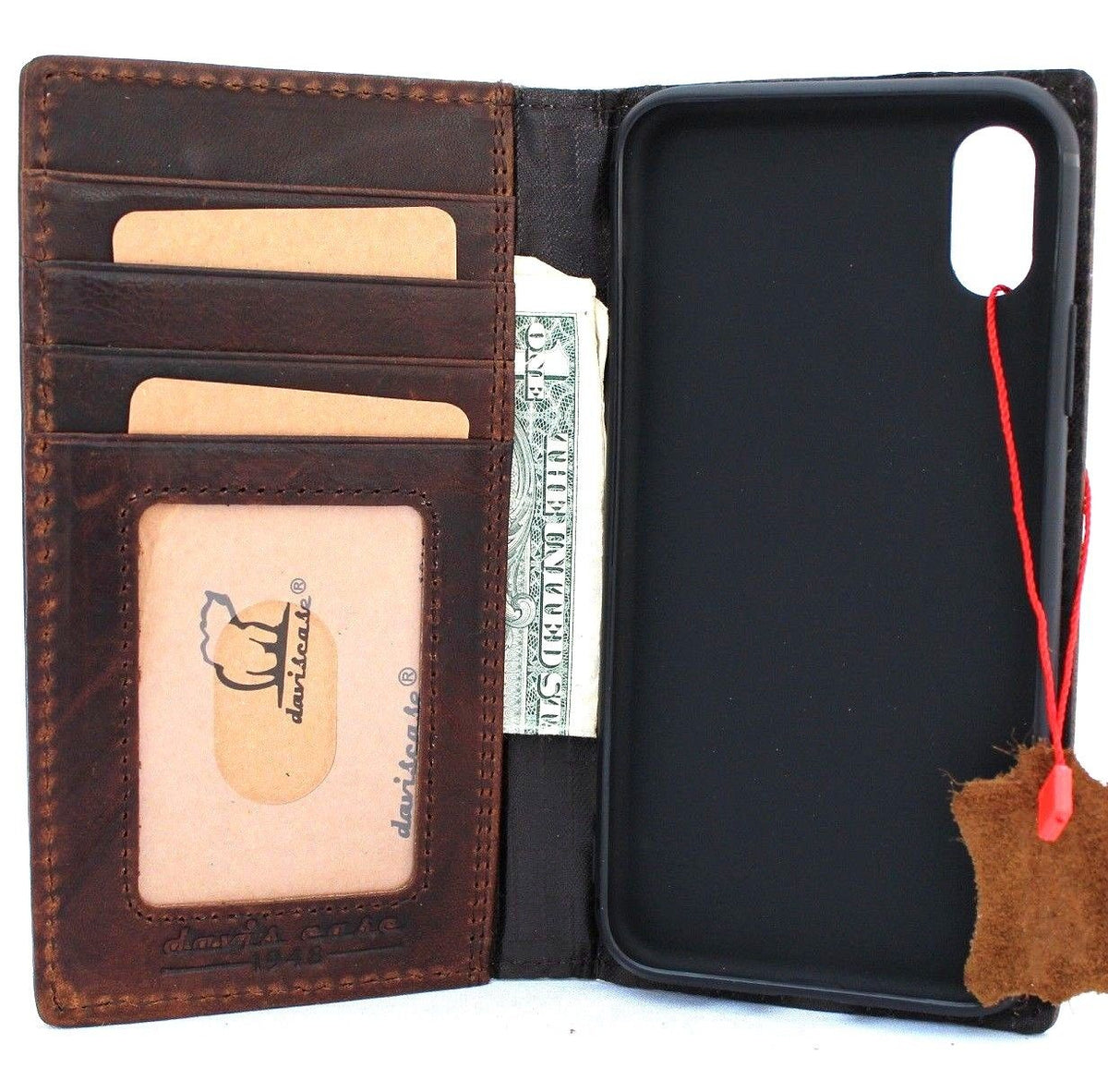 Dark brown vintage leather iPhone XS case with wallet design, card slots, slim fit, handmade by DAVISCASE featuring rustic style.
