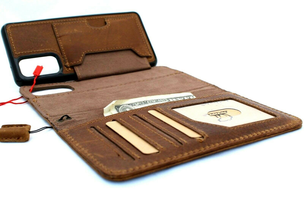 Genuine full leather Galaxy S20 book wallet case by DavisCase in soft tan with removable slots and rubber holder, compatible with wireless charging.