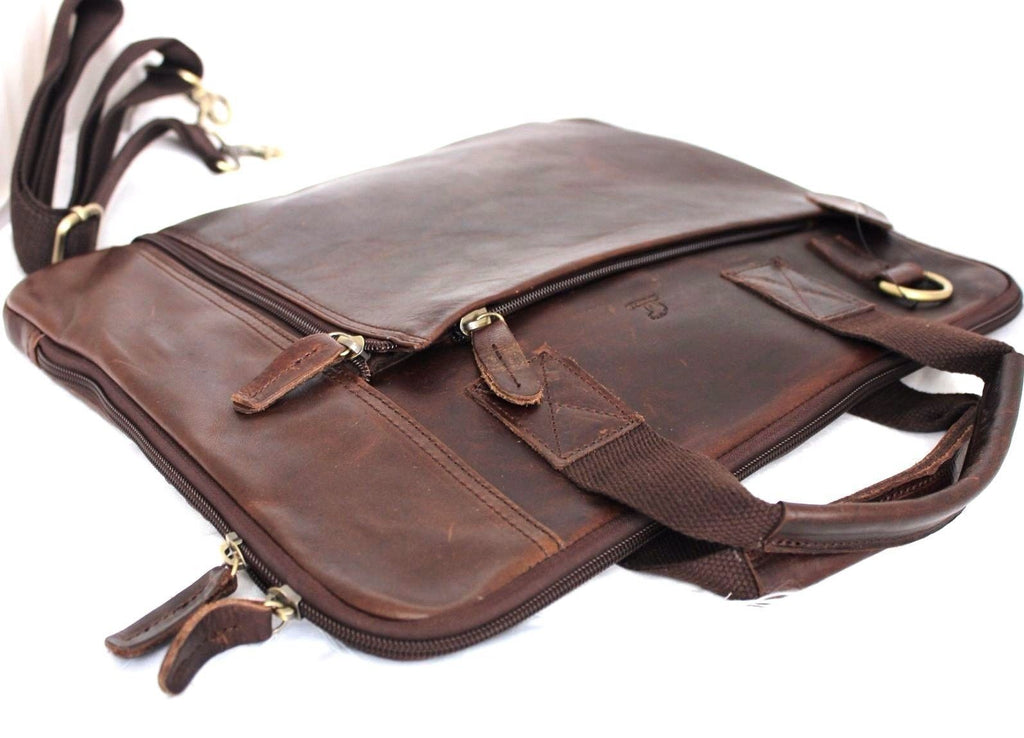 Men's brown genuine leather shoulder bag by DAVISCASE, crossbody messenger style with space for a laptop and classic design.