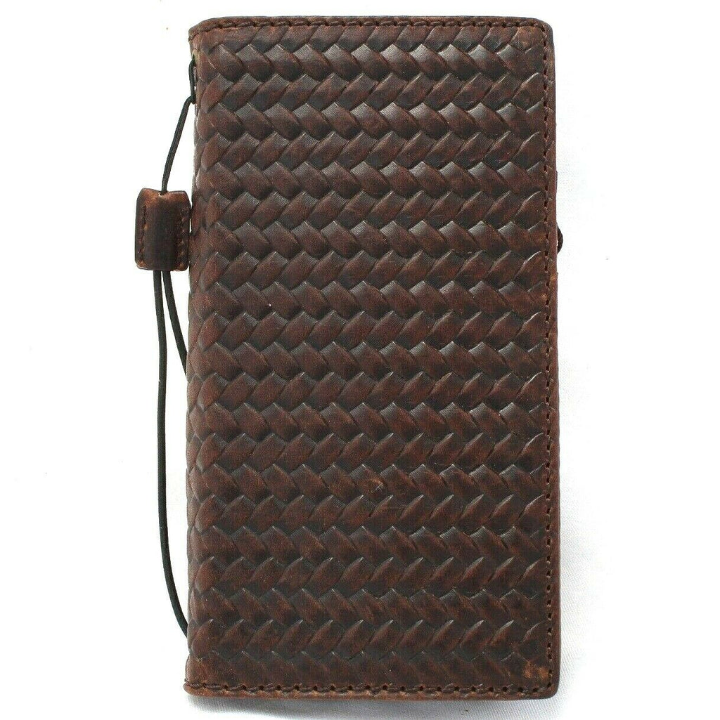 Handmade genuine dark leather iPhone 12 Pro Max case with vintage book wallet design, ID window, credit card slots, slim fit from DAVISCASE.