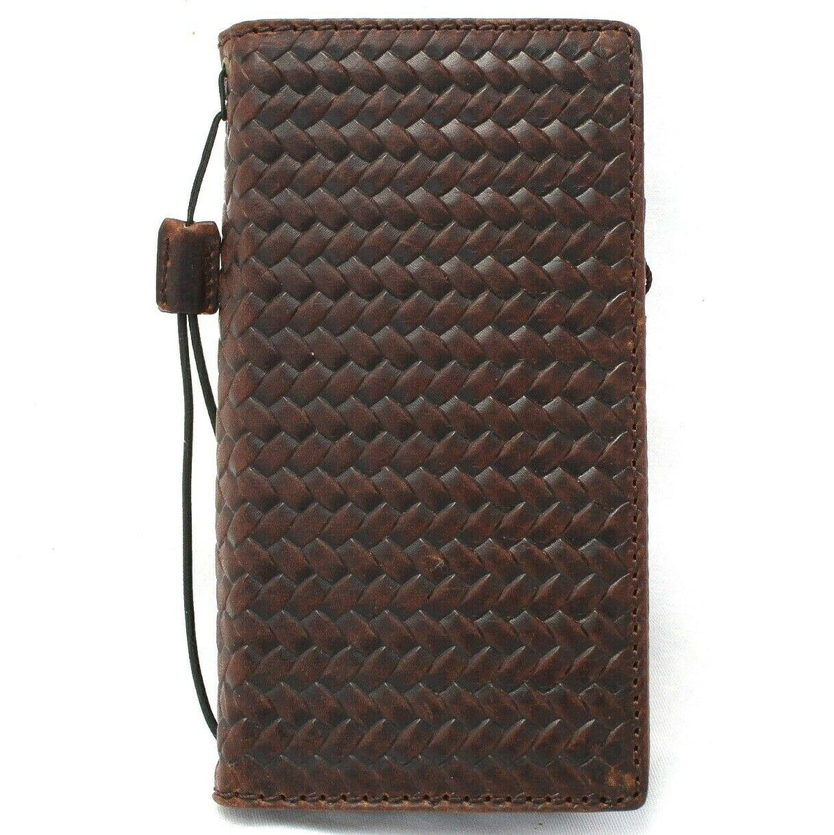 Handmade genuine dark leather iPhone 12 Pro Max case with vintage book wallet design, ID window, credit card slots, slim fit from DAVISCASE.