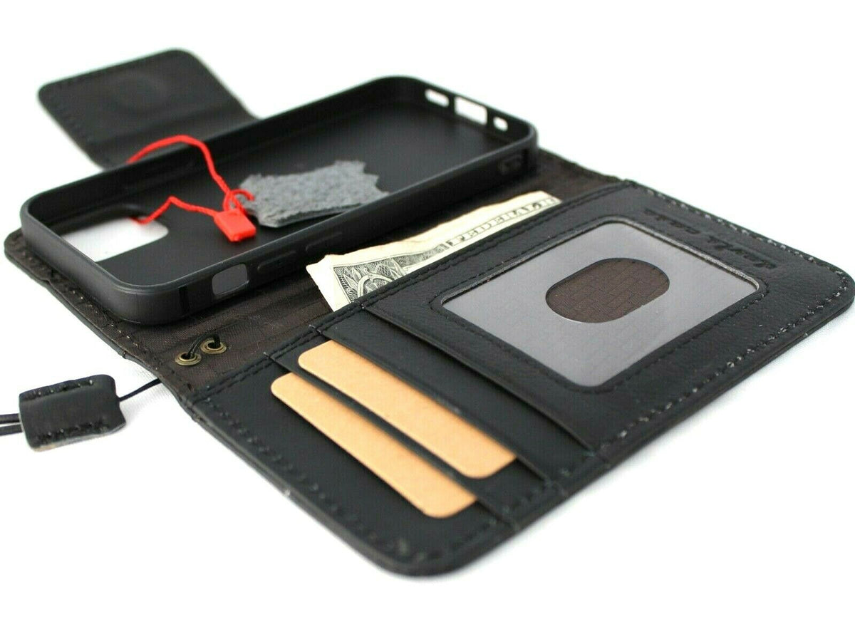 Handmade black leather phone case for iPhone 12 Mini with vintage style, soft magnetic closure, and wallet features by DAVISCASE.
