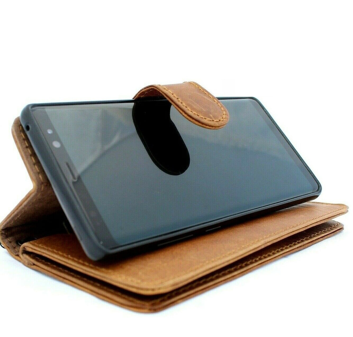 Genuine full leather Samsung Galaxy Note 10 Plus wallet case with luxury slots, magnetic closure, and removable rubber window.