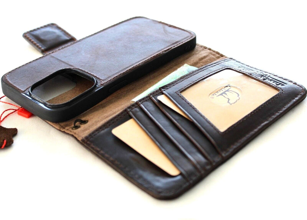 Handmade genuine leather phone case for Apple iPhone 11-15 Pro Max, vintage style with ID window and credit card slots by DAVISCASE.