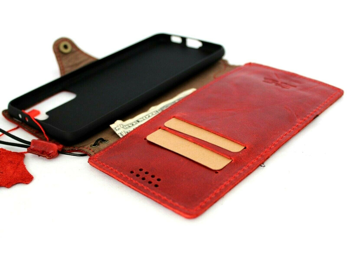 Genuine vintage leather Samsung Galaxy S21 Plus 5G wallet case by DAVISCASE with card slots and soft red rubber interior.