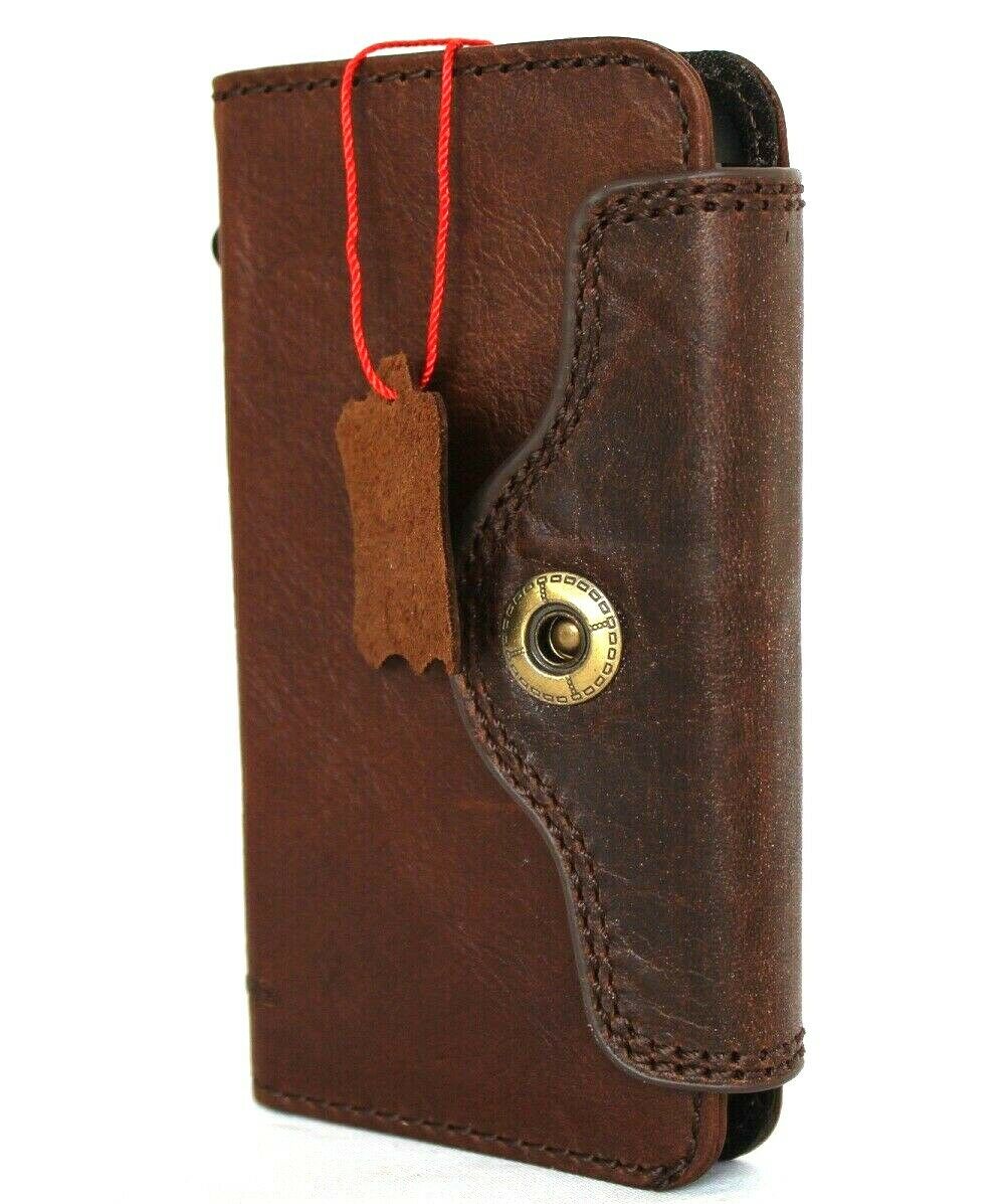 Genuine dark leather iPhone 12 Mini case with vintage book wallet design, credit card slots, soft closure by DAVISCASE.