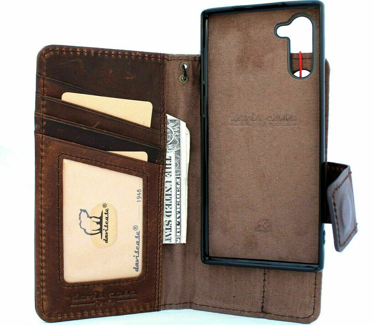 Genuine dark soft leather Samsung Galaxy Note 10 book wallet case with ID window, stand, and magnetic car holder by DAVISCASE