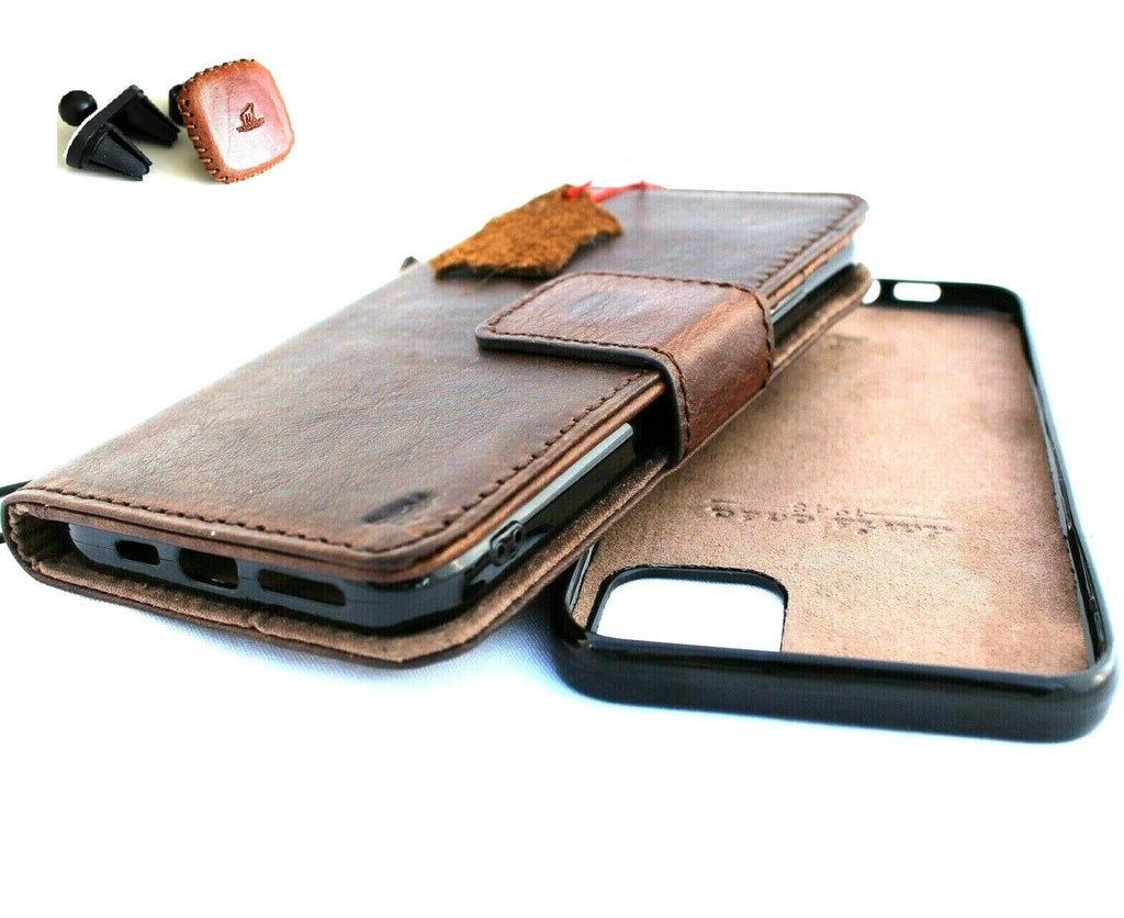 Handmade genuine leather Apple iPhone 11 wallet case by DAVISCASE with magnetic detachable card holder and magnetic car mount.