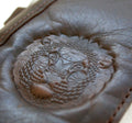 Handmade genuine leather wallet case for iPhone 11-15 Pro Max by DAVISCASE, vintage leather with lion design and credit card slots.