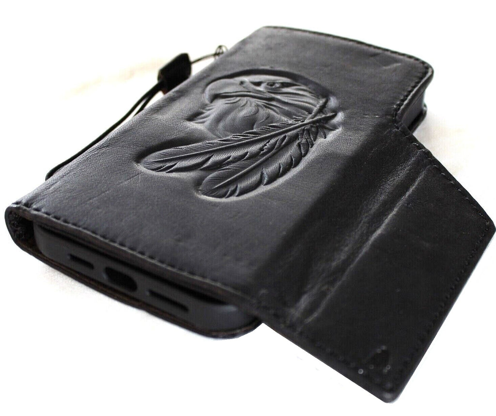 Handmade genuine leather wallet case for iPhone 11-15 Pro Max, vintage style with ID window, credit card slots, black full grain leather.