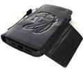 Handmade genuine leather wallet case for iPhone 11-15 Pro Max, vintage style with ID window, credit card slots, black full grain leather.