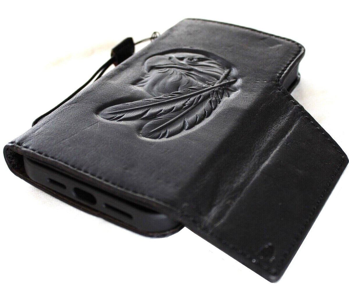Handmade genuine leather wallet case for iPhone 11-15 Pro Max, vintage style with ID window, credit card slots, black full grain leather.