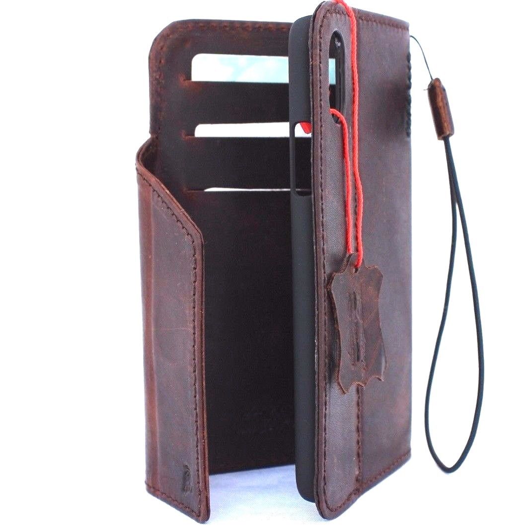 Dark brown genuine leather iPhone X wallet case with card slots, magnetic closure, slim vintage design, handcrafted by Daviscase.