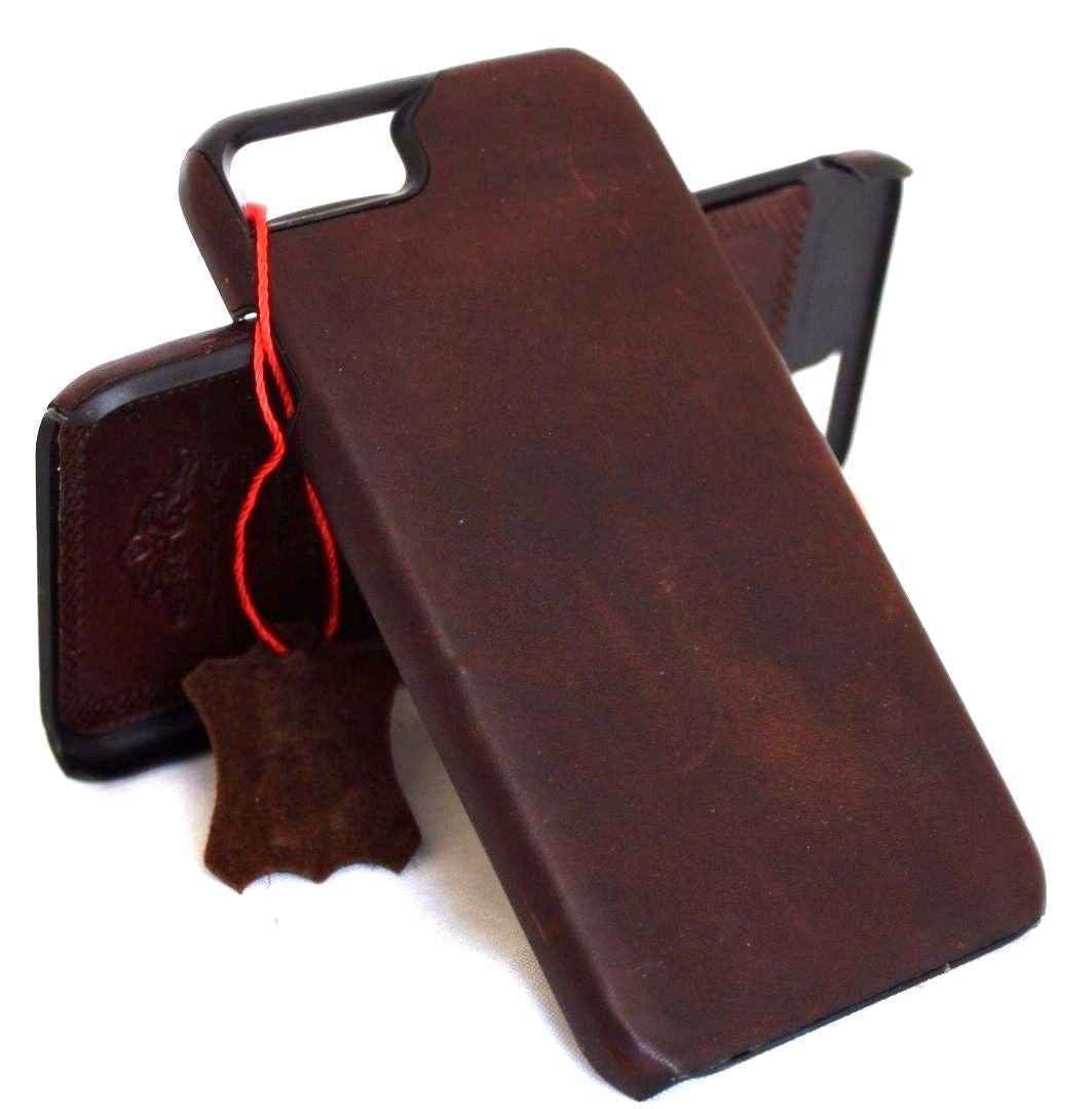 Vintage genuine leather phone case for iPhone 8 Plus, slim book-style holder with ID slot, handmade leather cover.