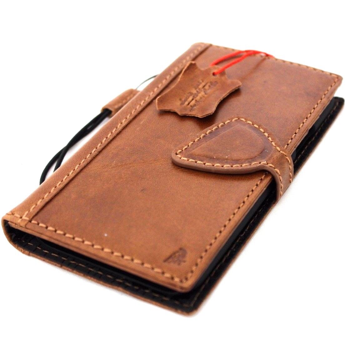 Bright brown genuine leather iPhone X wallet case with card slots, magnet closure, slim vintage design, handmade by Daviscase D.