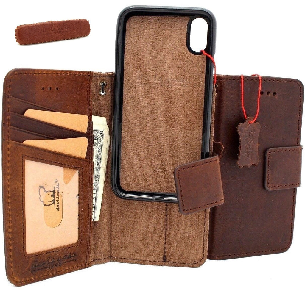 Genuine dark leather iPhone X case by DAVISCASE with vintage wallet design, credit card slots, magnetic closure, and car holder attachment.