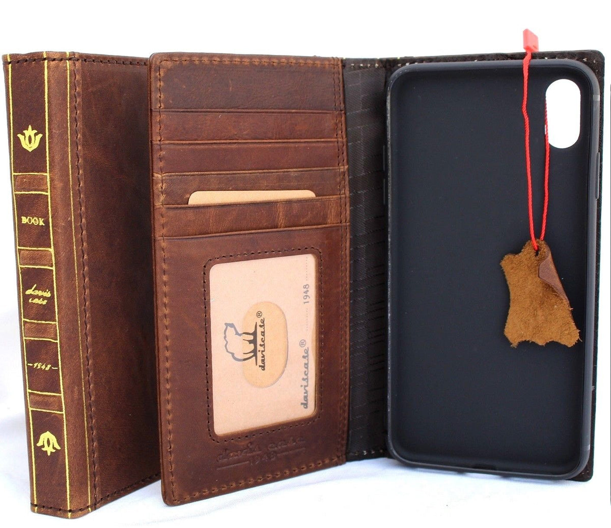 Dark Jafo brown leather iPhone XS case with wallet-style design, card slots, vintage look, and book-style closure by DAVISCASE.