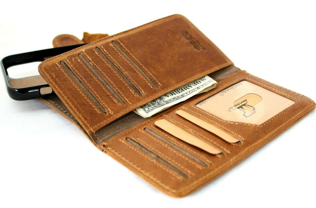 Handmade genuine leather phone case for iPhone 14-17 Pro Max with removable wallet, magnetic closure, in retro tan by DAVISCASE.