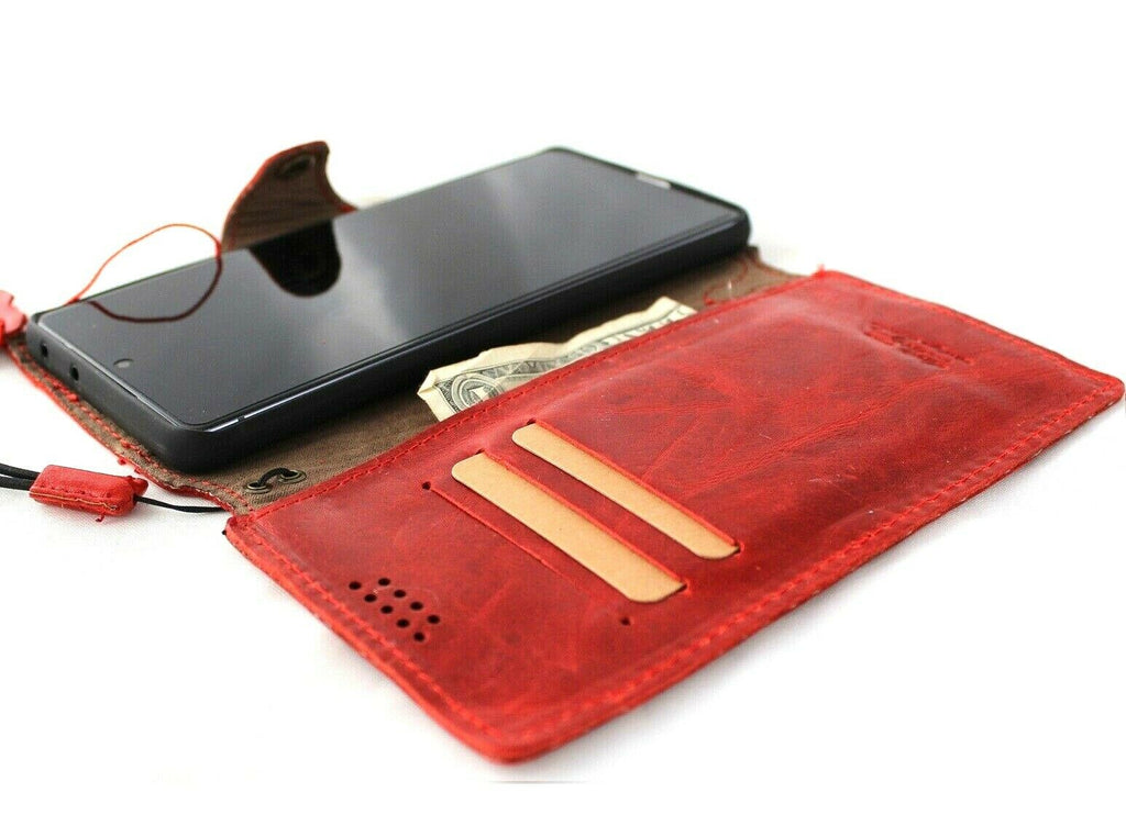 Genuine full leather Samsung Galaxy S22 Ultra 5G case with wallet and card slots, handmade by DAVISCASE, featuring a red rubber holder.