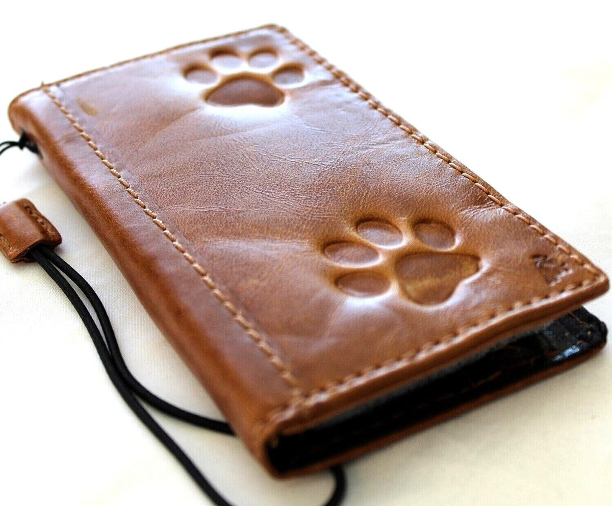 Handmade genuine leather wallet case for iPhone 11-15 Pro Max, vintage dog paw and tiger stamping, with credit card slots by DAVISCASE