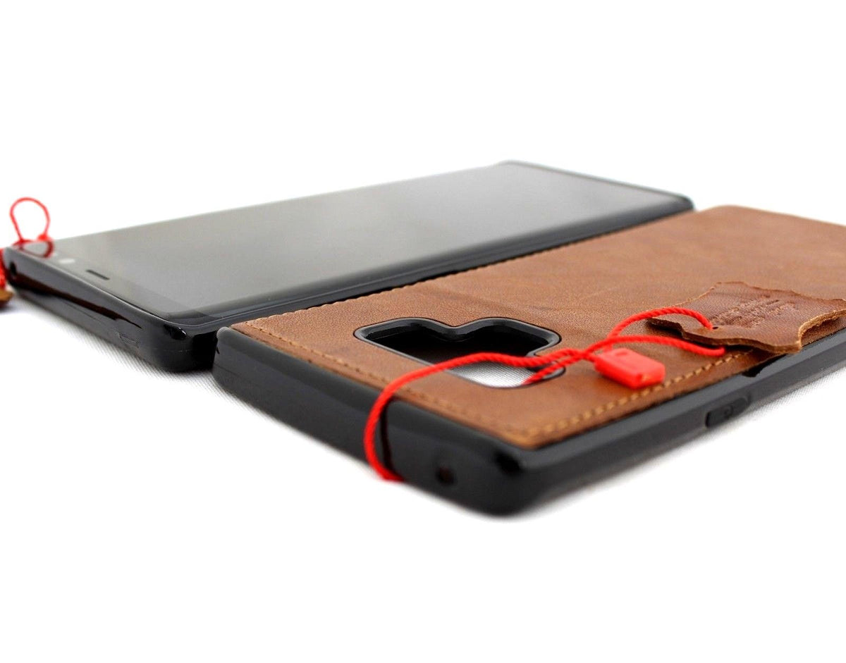 Genuine leather Samsung Galaxy Note 9 book cover with vintage design, soft magnetic closure, and built-in rubber car holder.