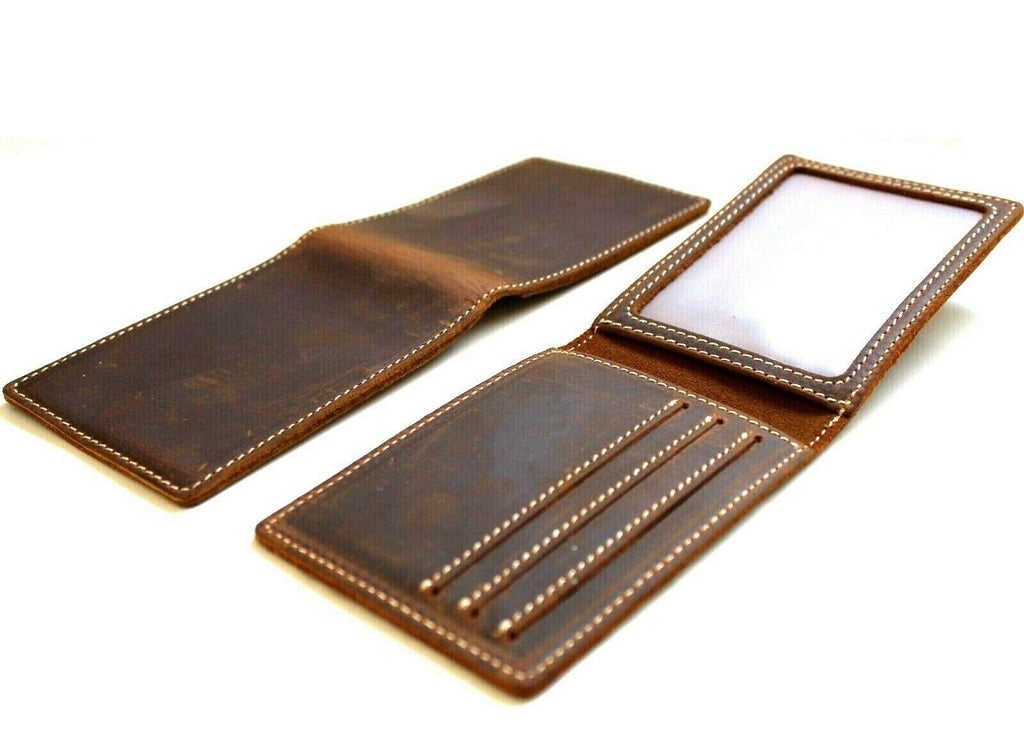 Men's genuine leather wallet by DAVISCASE with slim design, credit card slots, handmade, retro oiled leather, and ID window.