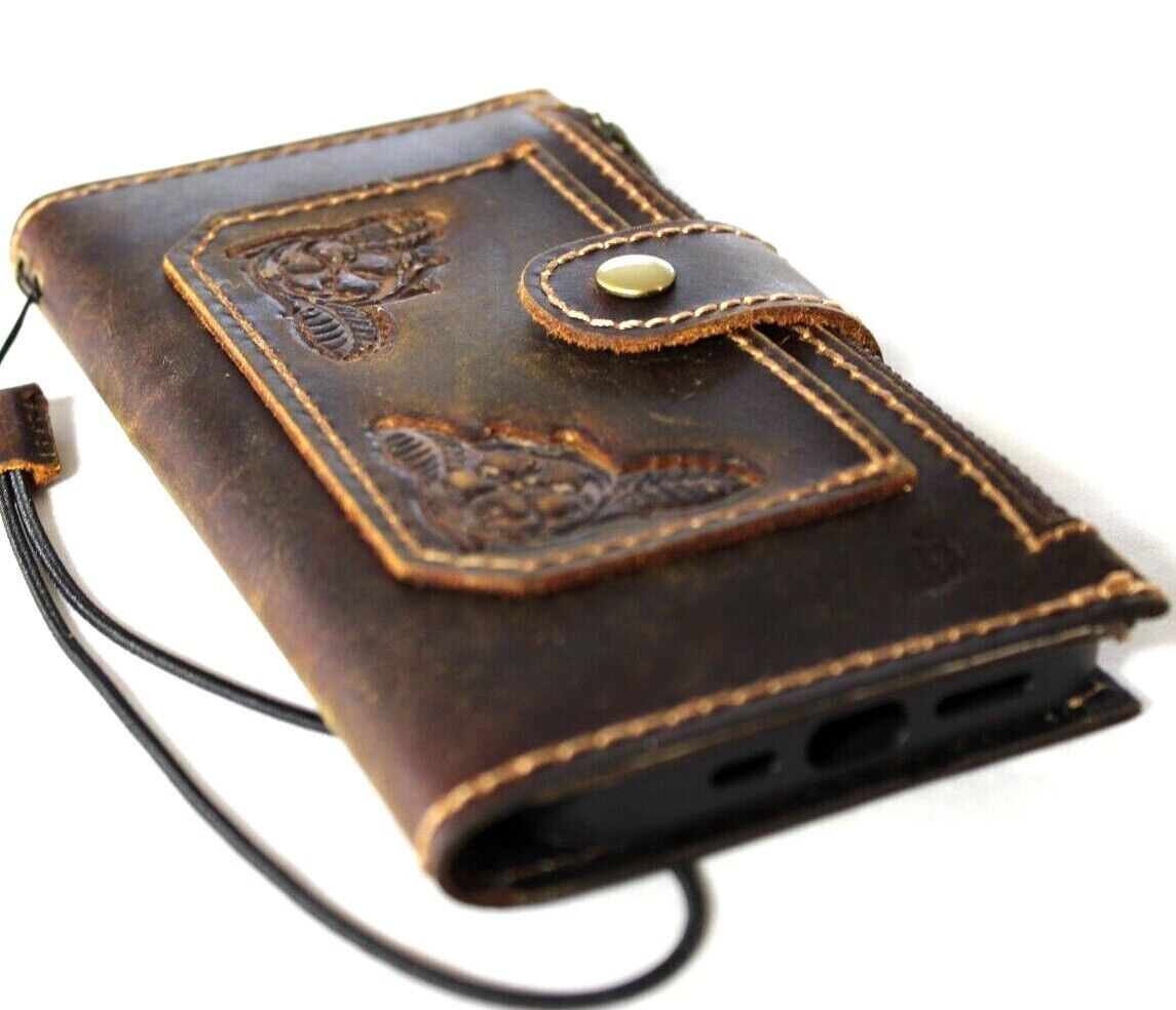 Handmade genuine leather phone case for Apple iPhone 11-15 Pro Max with credit card slots, ID window, zipper, vintage retro style by DAVISCASE.