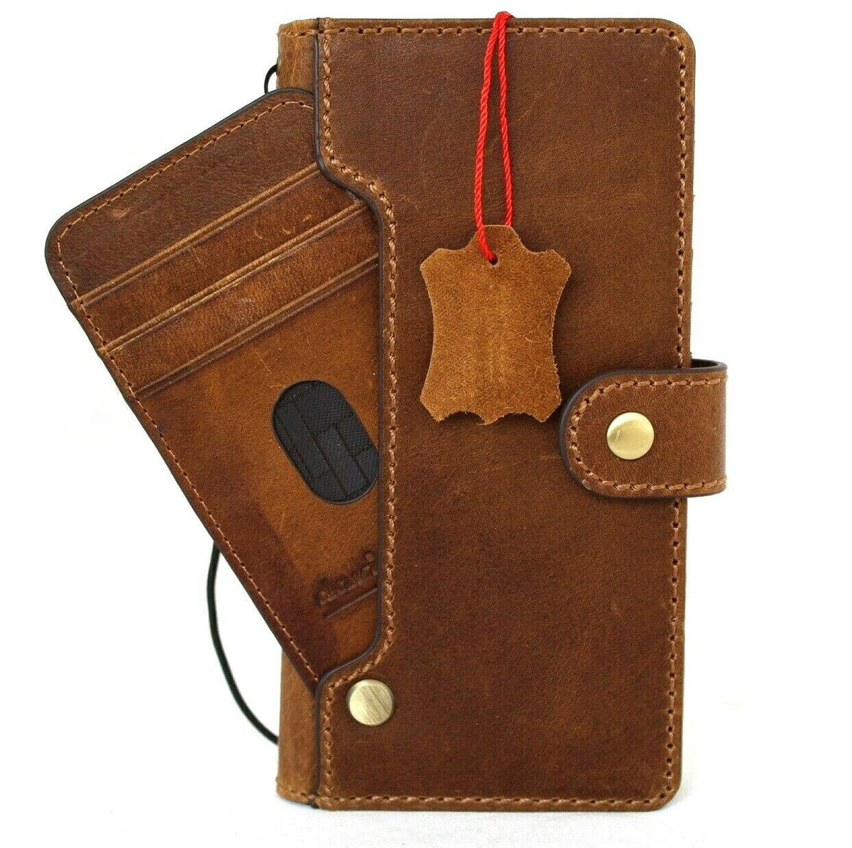 Vintage leather Samsung Galaxy S21 Plus 5G case by DavisCase, soft wallet cover with card slots and ID window in tan leather.